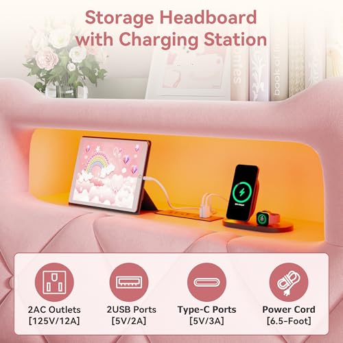 Image of Twin Upholstered LED Bed Frame with 2 Storage Drawers and 2-Tier Storage Bookcase Headboard, Velvet Princess Platform Bed for Kids /Girls /Boys, Heavy Duty Metal Support, No Box Spring Needed, Pink