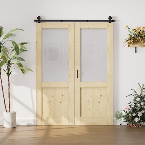 Image of 56 inchx80 inch Bifold Barn Door and 64 inch Track Kit, Upper Glass, Lower Pine Panel