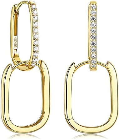 Gold Cubic Zircon Hoop Earrings 925 Sterling Silver Rectangle Huggie Hoop Earrings Lightweight Paperclip Link Chain Earrings for Women