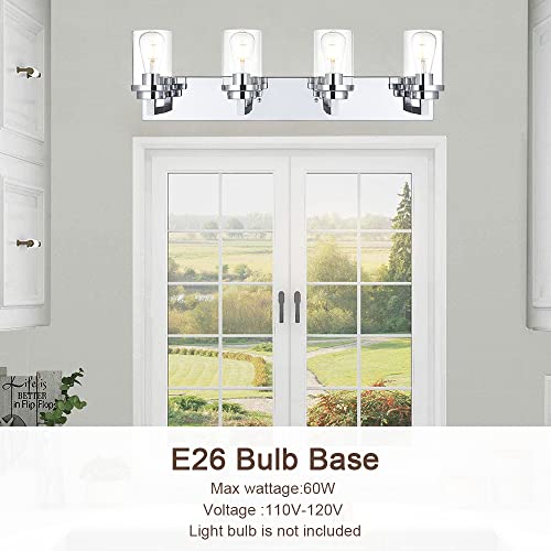 Image of MELUCEE 4-Light Bathroom Lighting, Modern Chrome Vanity Light Fixture Over Mirror, Industrial Wall Mount Light with Clear Glass Shade for Bath Kitchen Living Room