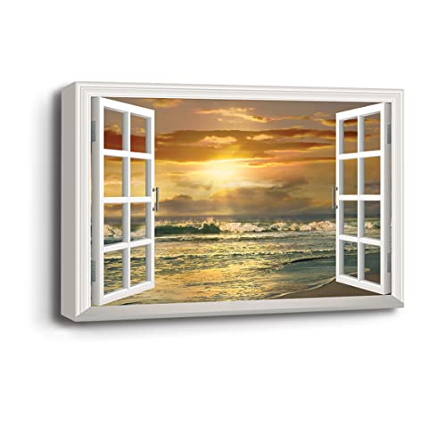 Renditions Gallery Canvas Beach Decor Fake Window View Pitures For Home Ocean Sunset Waves Hanging Artwork For Bedroom Living Room Kitchen Walls - 18"X27" Lt03 #TOP5