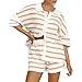 Acrawnni 2-teiliges Häkelstrick-Shorts-Set für Damen, hohl, gestreift, Kontrastfarbe, Knöpfe, Oberteile, Shorts, Strand-Lounge-Sets, A-Kaki, 38