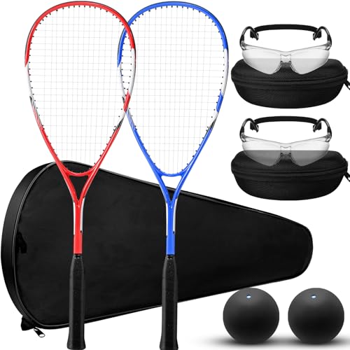Seenelling 2 Pack Beginner Squash Racquet Set Includes 2 Racquets with Racket Bags 2 Anti Fog Goggles with Cases and 2 Blue Dot Squash Ball for Beginners Training Recreational Play (Red, Navy Blue)
