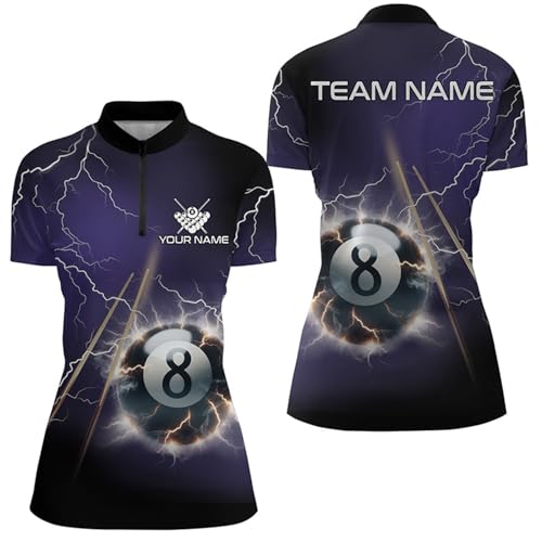 Personalized Thunder Lighting Purple 8 Ball Billiard 3D Quarter Zip Shirts for Women 8 Ball Jerseys V1029