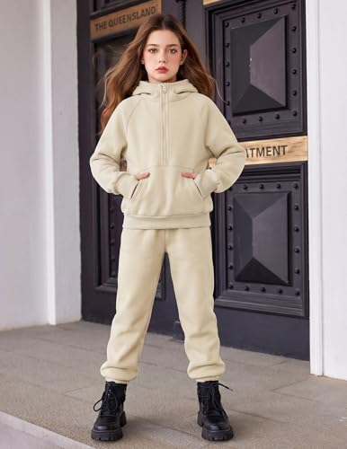Image of Arshiner Girls 2 Piece Outfits Sweatsuit Half Zip Sweatshirt and Sweatpants | Fall Winter, Drop Shoulder Long Sleeve, Thumbhole Hoodies, with Sweatpant, Jogger Set, Sweat Set, Tracksuits with Pockets