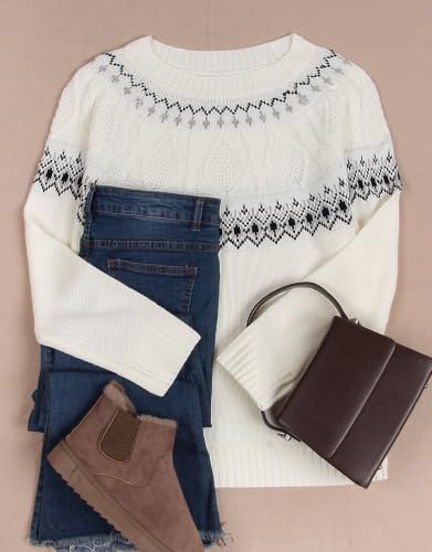 Image of Women's Fair Isle Sweater Crew Neck Long Sleeve Heart Sweater Vintage Tops