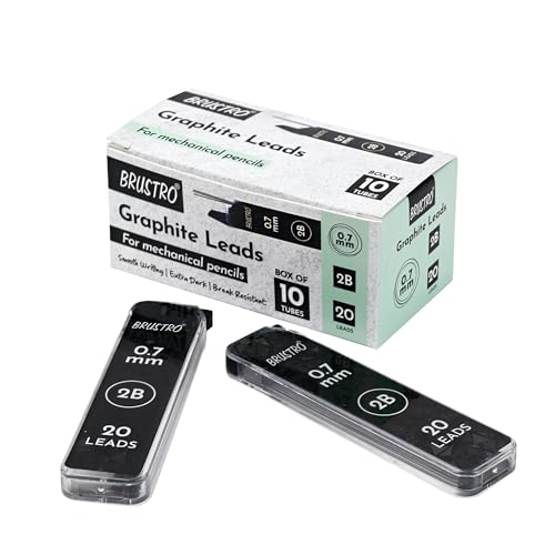 Image of BRUSTRO 0.7mm Graphite Leads for Mechanical Pencil | Grade 2B, Box of 10 Tubes, Total 200 Leads | Smooth Writing, Extra Dark, Break Resistant, Ideal for Writing, Sketching, Drawing, Mandala Arts