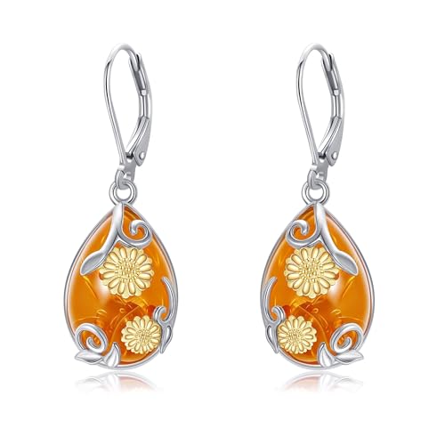 Boucles d'oreilles tournesols argent et ambre synthétique femme