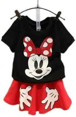 AP Boutique Girl's Cotton Polyester Mickey Mouse Cartoon Print Clothing Skirt Top Set (GAED4325, Red Black, 3-4 Years)