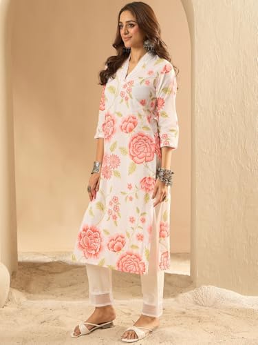 Image of Nayasi Women's Beige Floral Printed Blend Cotton Kurta | Cotton Kurtis for Woman (RX298)