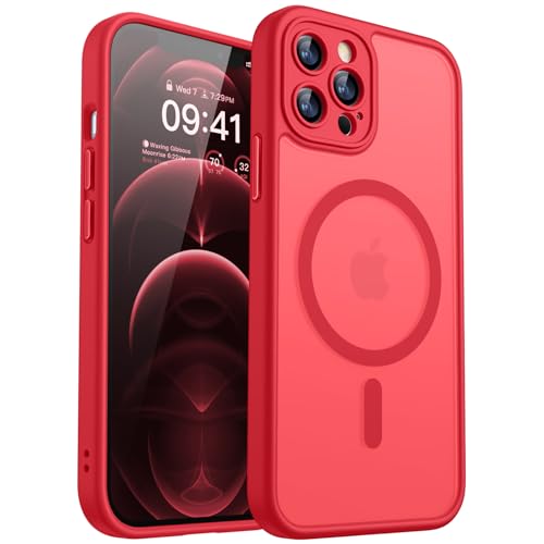 CANSHN Magnetic Compatible with iPhone 12 Pro Max Case, Upgraded [Full Camera Protection] [Compatible with Magsafe] [Translucent Matte] Shockproof Protective Phone Case Cover 6.7 Inch - Red