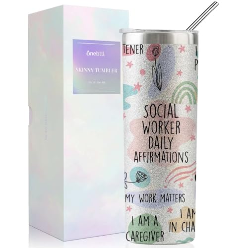 Onebttl Social Worker Gifts For Women - Social Worker - 20oz/590ml Stainless Steel Insulated Glitter Tumbler with Straw - Social Work Month, Appreciation, Graduation Gifts for BSW, MSW, DSW - (Silver)