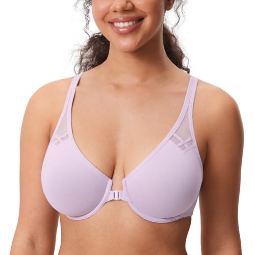 Image of DELIMIRA Women's Front Closure Racerback Bras Plus Size Full Coverage Supportive Underwire Plunge Unlined Bra