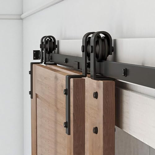 Fiscolo 6FT/1.83M Heavy Duty Single Track Bypass Sliding Barn Door Hardware Kit for Double Doors - Black Carbon Steel
