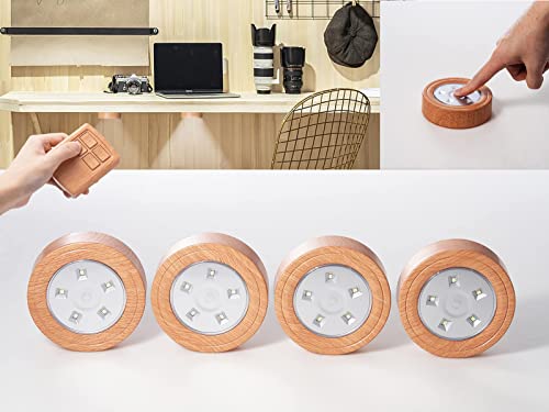 Image of Puck Lights with Remote, LED Under Cabinet Lights with Auto Timer, Battery Operated Dimmable Under Counter Light for Closet, Kitchen, Under Counter, Hallway, Stairs. 4 Pack(Oakwood)