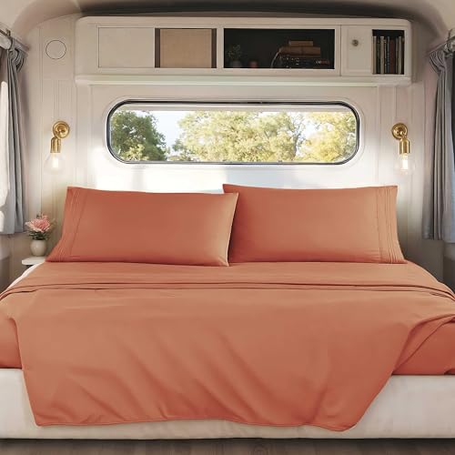 Image of Nestl Rust Short Queen Sheets for RV, Hotel Luxury RV Queen Sheets Set, 4 Piece Fitted Bed Sheet Set and Pillowcases, Super Soft, Wrinkle-Free, and Breathable Camper Bedding