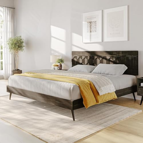 Image of Bme Georgina King Size Bed Frame and Headboard, Signature Handcrafted Geometric, US Patent Pending Design, Solid Wood, No Box Spring Needed, 12 Strong Wood Slats Support, Easy Assembly, Mocha