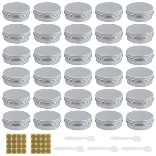30 latas vacías de aluminio plateadas con 2 etiquetas redondas y 5 cucharas para máscaras, latas de aluminio para cuentas, botones, colgantes