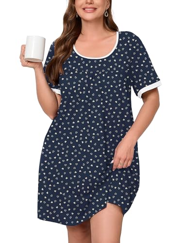 AusLook Plus Size Women's Nightgown 4X Navy Heart Scatter Short Sleeve Sleep Dress Sleepwear Soft Sleepshirts Pleated Scoopneck Nightshirt Sleep shirts with Pockets