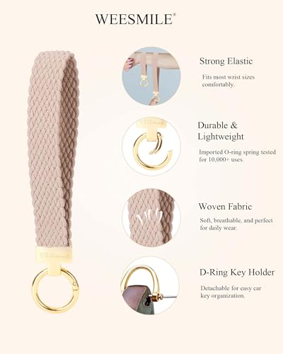 Image of WEESMILE Keychain Wristlet, Stretchy Key Chain for Car Keys with 2 Keyrings and D ring, Cute Wrist Lanyard for Women Men