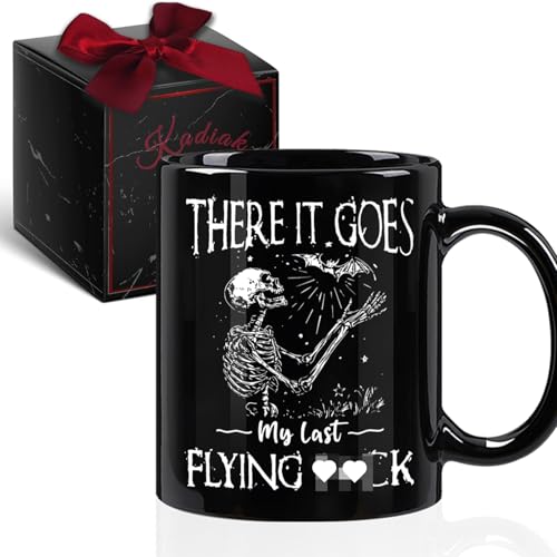Kadiak Funny Sarcastic Skull Coffee Mug Gifts - There It Goes, My Last Flying Fuck Skeleton Mugs, Dark Humor Goth Gift for Women Men, Spooky Halloween Gifts for Friends Coworkers Boss