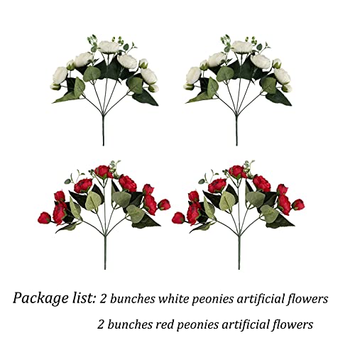 Blosmon Artificial Flowers Wedding Peony Bouquet 4 Pcs Silk Peonies Flower Fake Flower For Table Centerpieces Decoration, Floral Bouquets Flower Balls Arrangement For Home Party Decor (Red&White) #TOP5