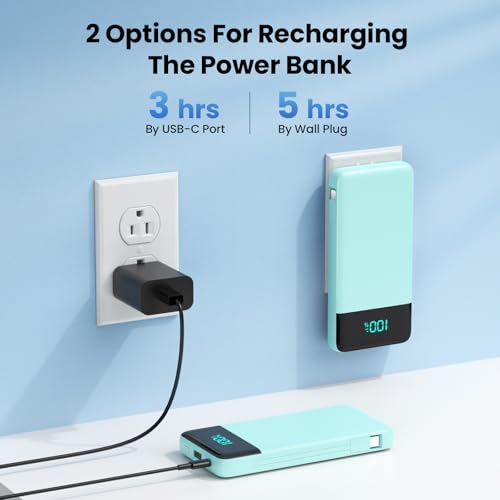 Image of Portable Charger Power Bank for iPhone with Built-in Cables and AC Wall Plug, 13800mAh Ultra Slim Travel Essentials,USB C Fast Charging External Battery Pack for iPhone 17 /16 /13,Galaxy,Android-Green
