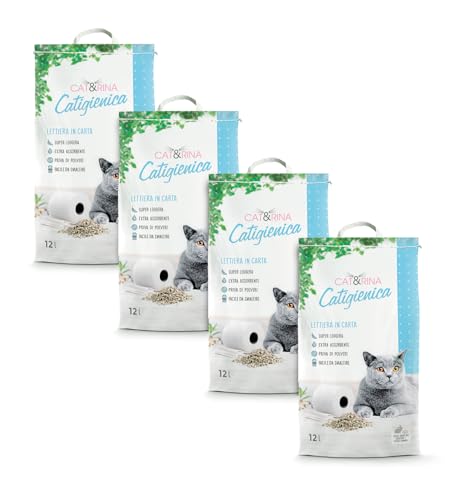 Cat&Rina Catigienica, lettiera per gatti in carta da 12l Extra Assorbente. Si smaltisce nell'organico o nel wc. Sabbia priva di polveri e super leggera, 4 pezzi