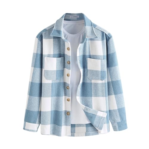 ZAFUL Lässig Kariertes Button Down Hemdjacke Herren Langarm Regular Fit Shacket mit Taschen (1-Hellblau,S)