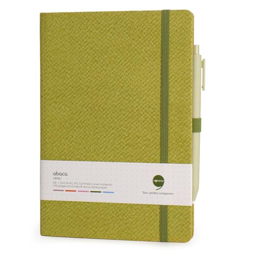 Image of COMMA Abaca - A5 Size - Dot Grid Hard Bound Notebook with Pen & Elastic Band Closure - 192 Pages - 80gsm Natural Shade Paper - Textured Cover Material - (Green)