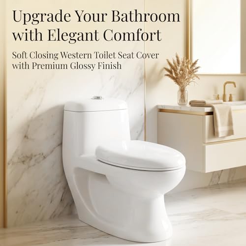 Image of ELEGANT CASA Polypropylene Soft Closing Western Toilet Seat Cover with Stable Hinges - Elongated Shape Design Glossy White Size 46x36 Cm - 1 Set