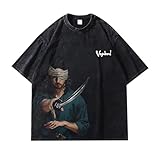 Camiseta Lavada Miyamoto Musashi Camiseta Lavada Vintage Algodón Top de Manga Corta Musashi Miyamoto