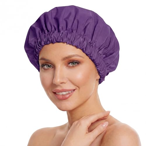 Yanibest Satin Lined Shower Cap for Women Reusable Waterproof, Frizz Free & Large Bath Cap with Soft Elastic Band, Luxury Hair Protection Caps (Peachy Pink)