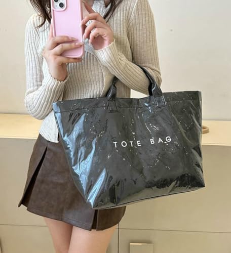 Image of Caistre Women's PVC Tote Handbags Shoulder Bag Winter Fall Fashion Kraft Paper Tote Bag Y2K Large Shopping Bag