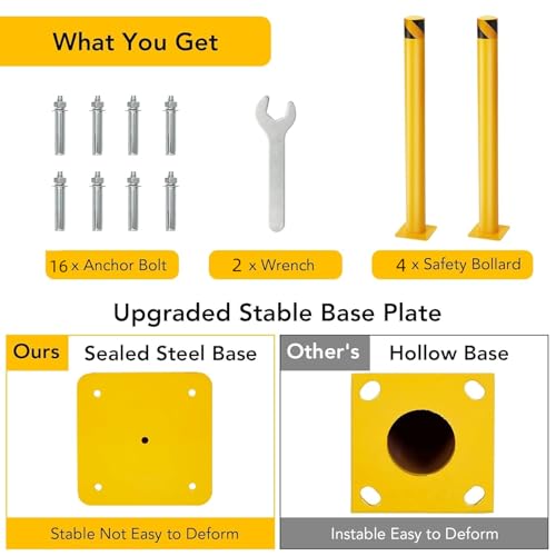 GarveeTech Safety Bollard 4 Packs, 36 Inch Height Bollard Post, 4.5 Inch Diameter, Yellow Safety Steel Bollard Post with 16 Anchor Bolts, for Traffic Control, Driveway Barrier and Parking Pole
