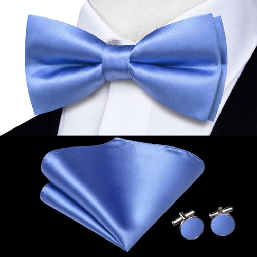 Image of Hi-Tie 5Pcs Mens Solid Color Silk Tie Satin Pretied Bowtie Lapel Pin for Men Handkerchief Cufflink Wedding Gift Box