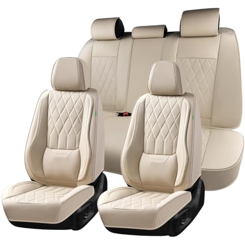 Image of Car Seat Covers Full Set Leather Seat Cover with Lumbar Support Waterproof Automotive Seat Covers Universal Fit for Most Car Sedan Truck SUV, Beige