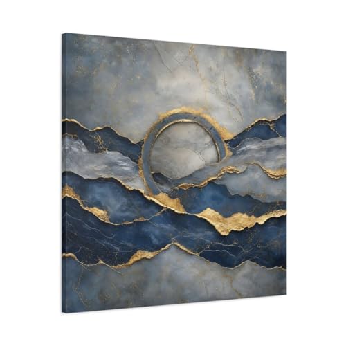 Toile abstraite vagues bleu et or 80x80 cm pour la décoration du salon