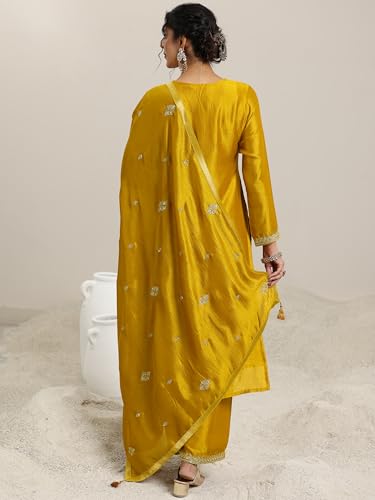 Image of Libas Embellished Silk Blend A-Line Kurta With Palazzo and Dupatta