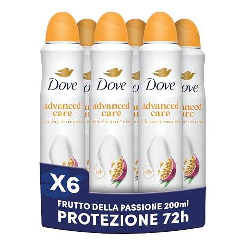 Dove Deodorante Spray Advanced Care Go Fresh Passion Fruit, con Formula Idratante e Delicata sulla Pelle, Senza Alcol, Pelle Asciutta Fino a 72 Ore, Deodorante Uomo e Donna, 6 Pezzi da 200ml