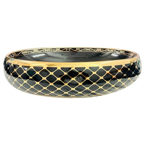 Image of Wallace Luxury Oval Table Top Wash Basin 60x40x15 cm | Premium Ceramic Countertop Vessel Sink with Gold Rim & Geometric Pattern | Over Counter Designer Bathroom Basin Black & Gold