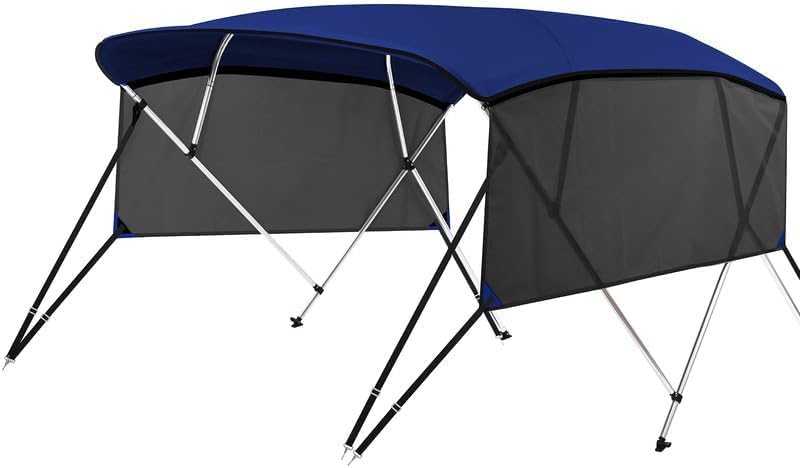 kakit 3 4 bow bimini tops with mesh sidewalls support poles for boats marine grade canvas top includes 2 straps storage boot 1 inch aluminum frame navy 4 bow 8'l x 54" h x 67"-72" w