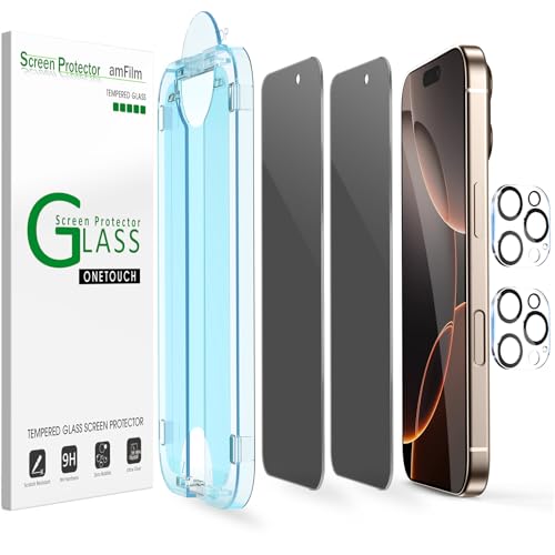 Image of amFilm OneTouch for iPhone 16 Pro Max Privacy Screen Protector 6.9'' 2024 | 30s Auto-Alignment, Bubble Free, Tempered Glass, 28 Anti Spy, Shatterproof, Camera Lens Protector 2+2 Pack (16P-6.9'')