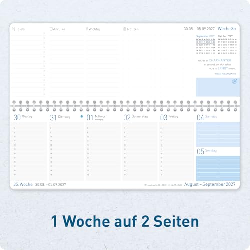 Häfft® Tischkalender 2026 2027 Königsblau (17 Monate) – Aug 2026 bis Dez 2027 – Wochenkalender Querformat – Terminplaner mit To-do-Listen, Steuerterminen & Ferienterminen