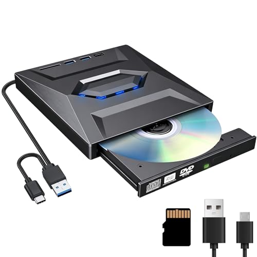 ZestEcho Lector CD Externo y Lector DVD Externo USB 3.0 USB C, Grabadora DVD Externa Portátil con Lector SD TF y 3 Puertos USB, Reproductor DVD para PC Laptop Mac Windows Linux