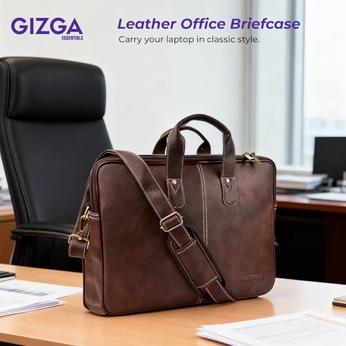 Image of Gizga Essentials Laptop Bag fits Upto 16 Inch Laptops /MacBook| Synthetic Leather Office Messenger Bag with Padded Compartments, Multiple Pockets, Premium Zipper, Adjustable Strap, Dual Handles (Tan)
