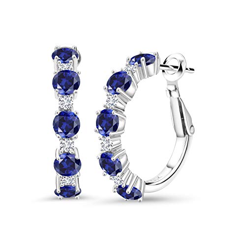 Gem Stone King 925 Sterling Silver Blue Created Sapphire and Lab Grown Diamond Hoop Earrings For Women (2.80 Ct)