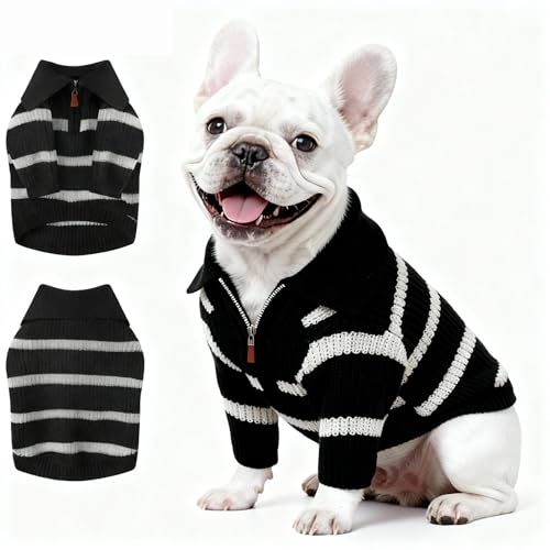 Image of Small Dog Sweater with Zipper, Knitted Striped Pullover Dog Clothes for Cold Weather, Thick Warm Cozy Stretchy Sweater for Chihuahua, Bulldog, Dachshund, Pug(Black & White Strip, L)