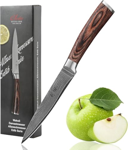 Wakoli EDIB Allzweckmesser aus echtem Damaststahl (VG10 Kern) mit 12,5 cm Klinge – Scharf & ergonomisch – Damastmesser mit Pakkaholzgriff in edler...
