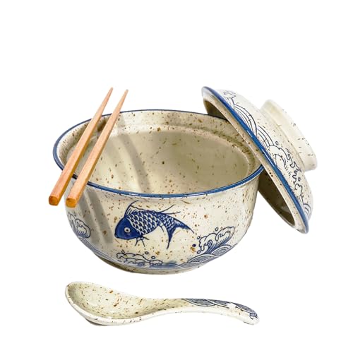 Comparison: Best Ramen Bowl Set 8 Ceraozmus Ceramic Ramen Bowl Set, 800ml, with Lid, Spoon and Chopsticks, Japanese Vintage Large Soup Bowls Instant Noodle Bowl Asian Tableware (Fish*1)